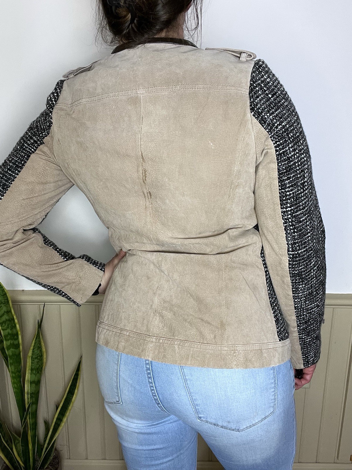 Bradley Bayou Vintage Gray Tweed Tan Leather Varsity Jacket Women’s Size S