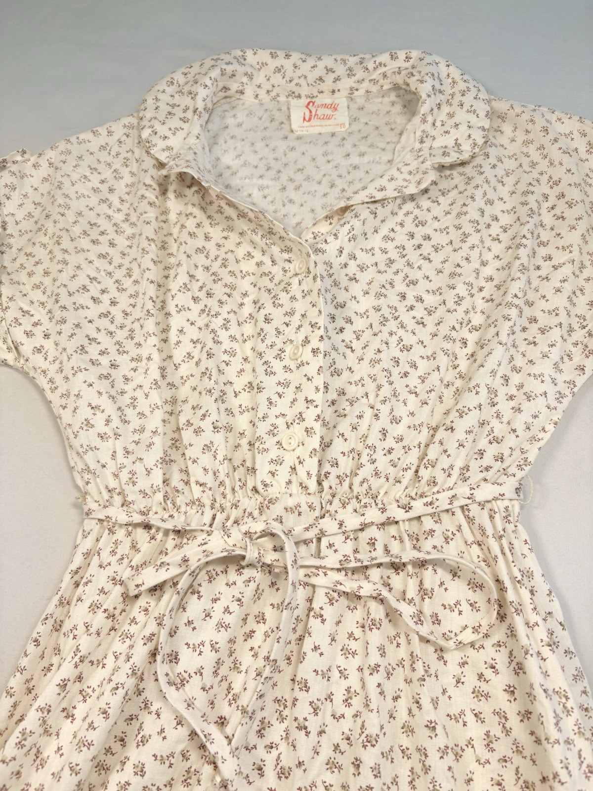 1970s SANDY SHAW Ivory Floral Dress Cottage Core USA Union Made Women’s Small