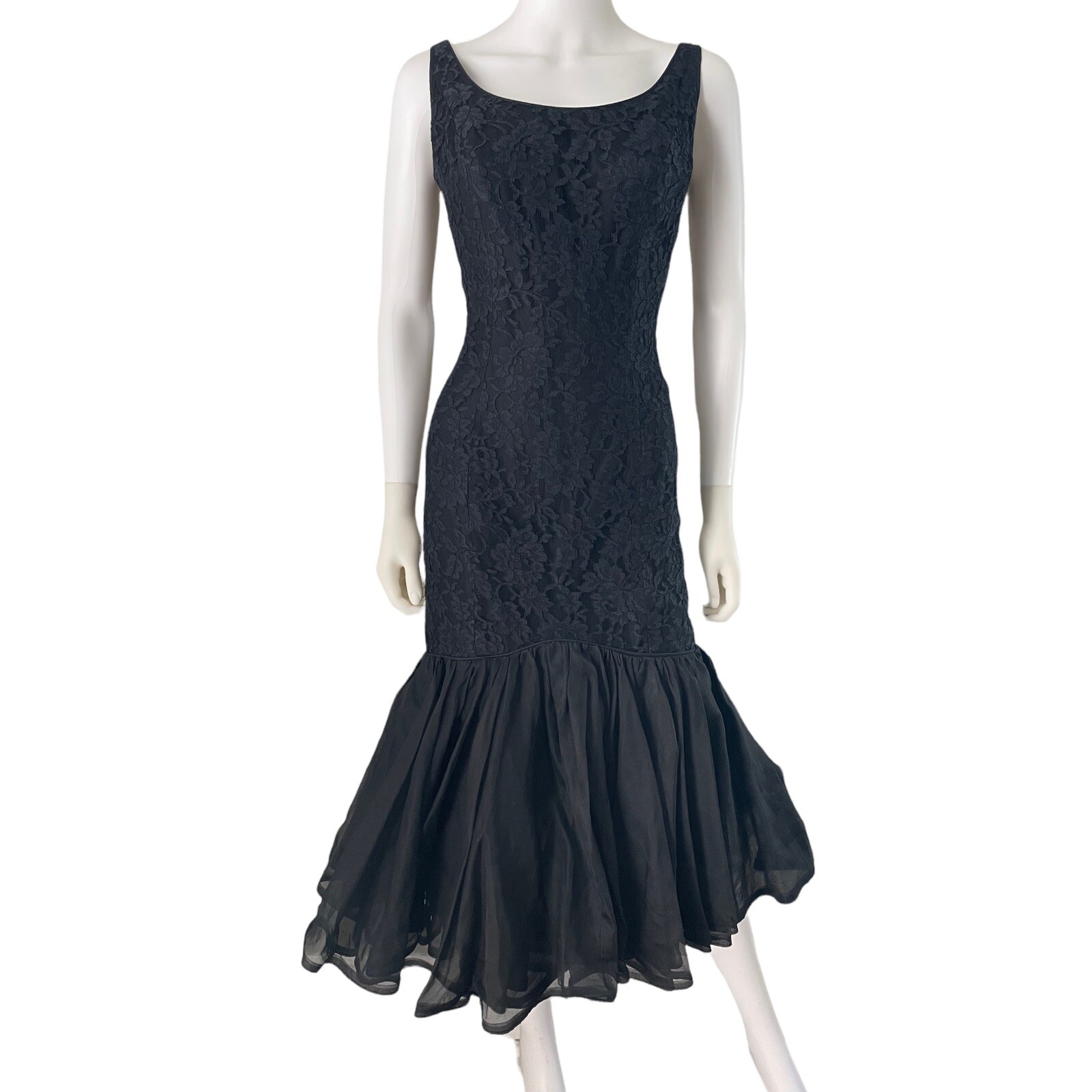 Vintage 1950s Mermaid Dress, S/M Lou-Ette Fishtail Gown, Black Lace