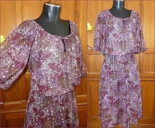 VTG 70s 1970 Sheer Floral print Puff Slv BoHo Cocktail Secretary Peasant DRESS L