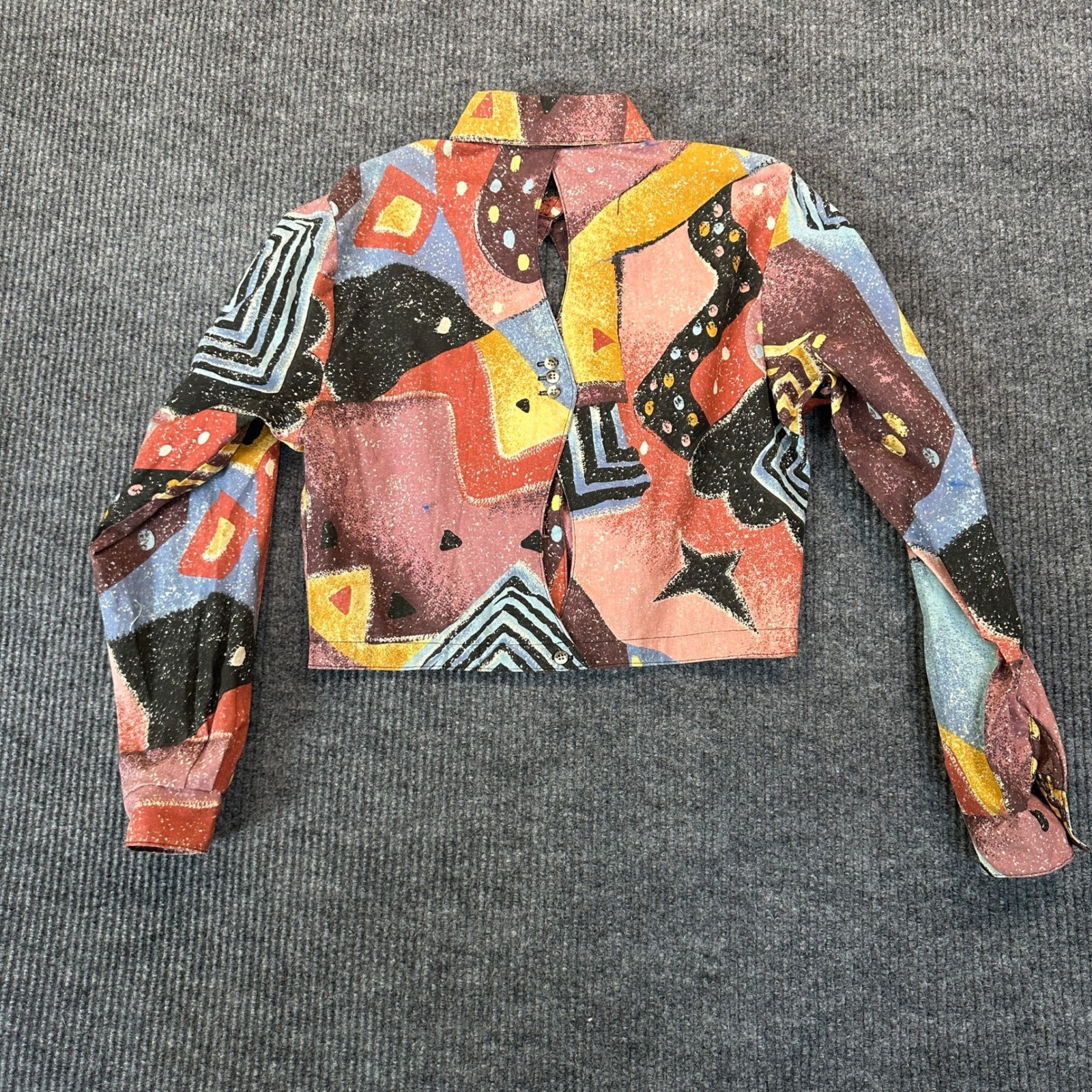 Unbranded Women Vintage Abstract Geometric Cropped Blouse M Multi Keyhole Detail