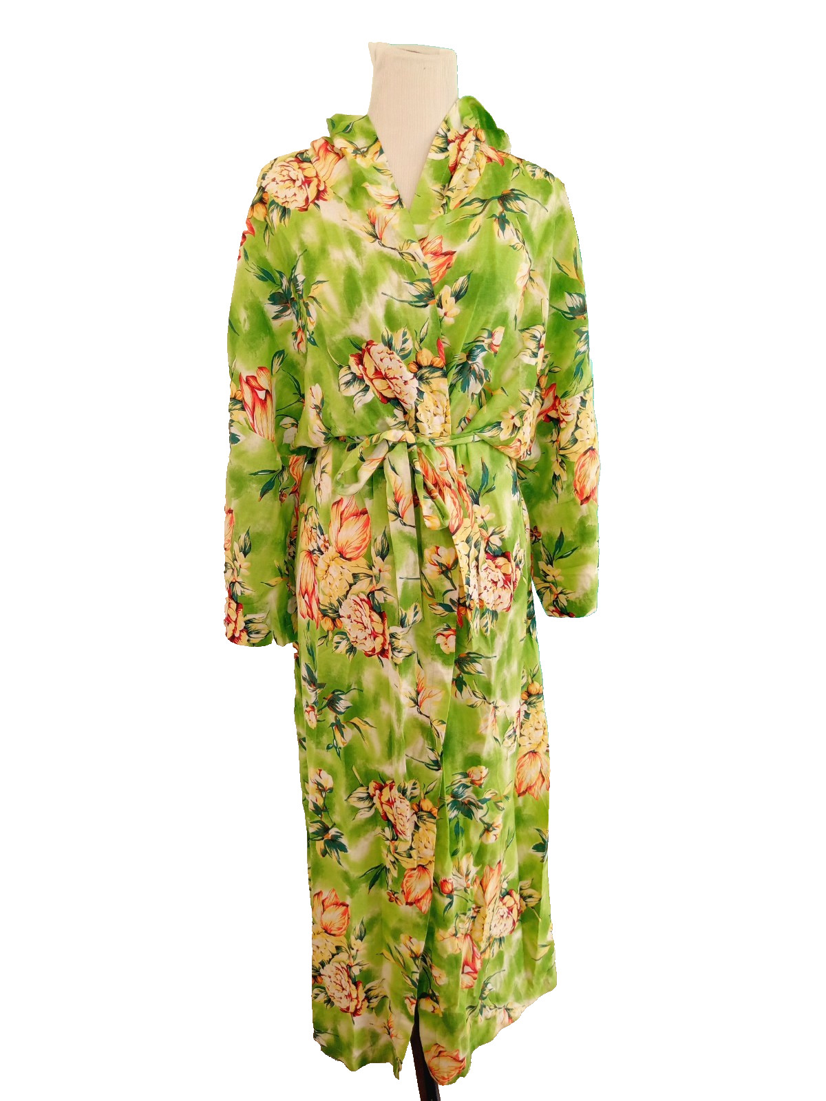 VTG Green Floral Hawaiian Bath Robe w/ Hood LARGE Cotton Barkcloth Tropical USA