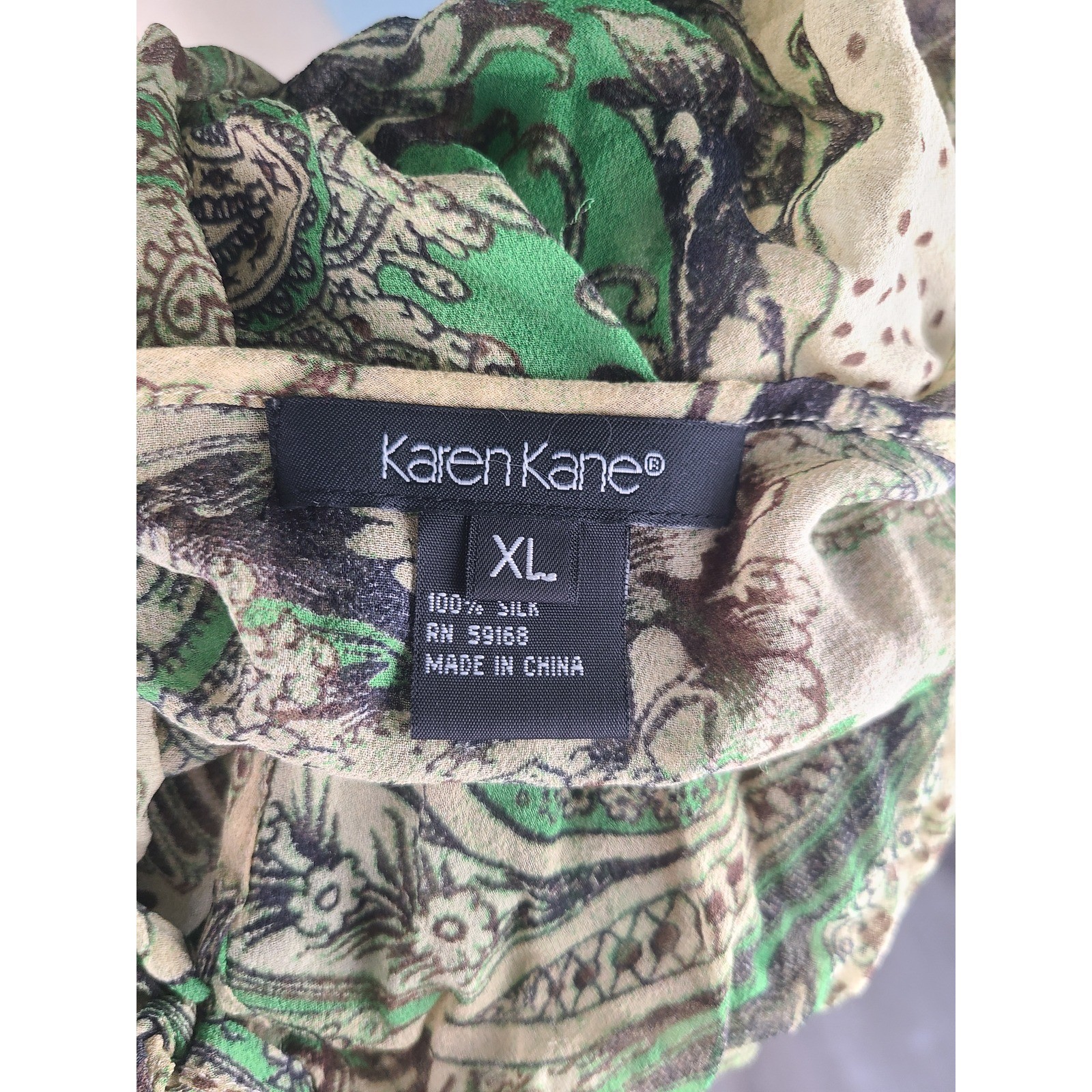 VTG Karen Kane XL 100% Silk Babydoll Top Green Paisley Fairycore Whimsical 70s