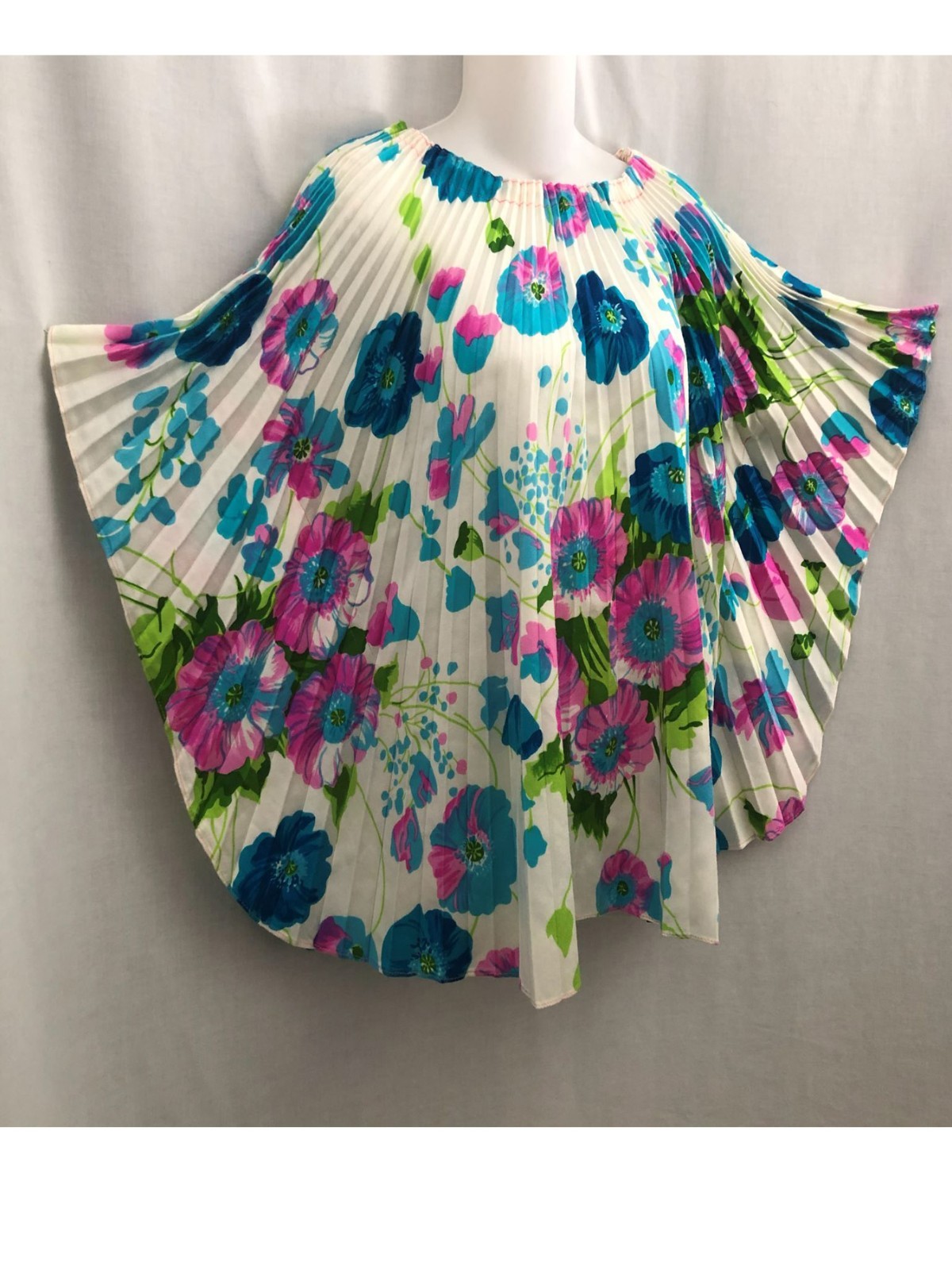 Vintage 70s Neon Floral Caftan Tunic Accordion Pleat Size S-M