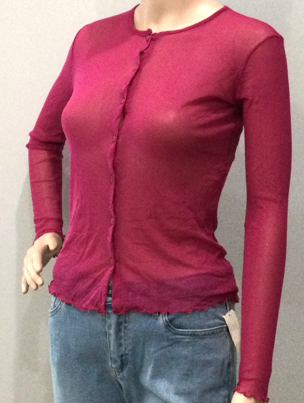 Vintage Hanky Panky NWT Sheer Mesh Cardigan Pink Button Front Lettuce Hem S Y2K