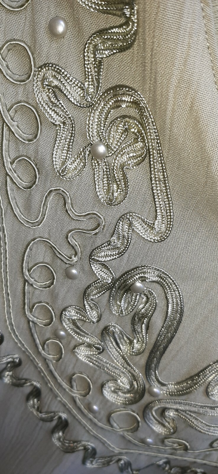 Vintage 80s Womens Top By Adolfo Sport Sage W/ Pearls & ribbon Bodice