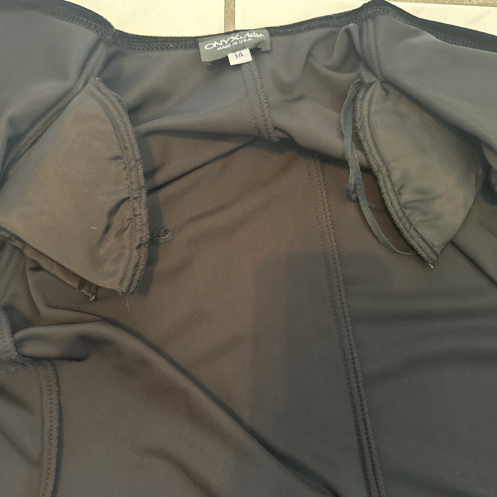 VTG Onyx Nite Velour Duster Womens 14 Black Open Cardigan Padded Trim Goth EUC