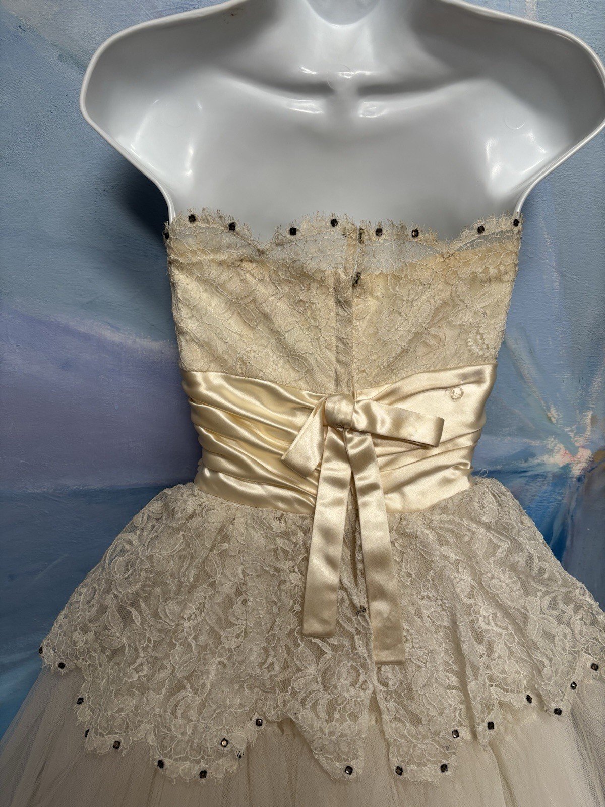 Vtg 1950s Ivory Lace Tulle Bridal Prom Dress Wedding Gown Petticoat Rhinestones