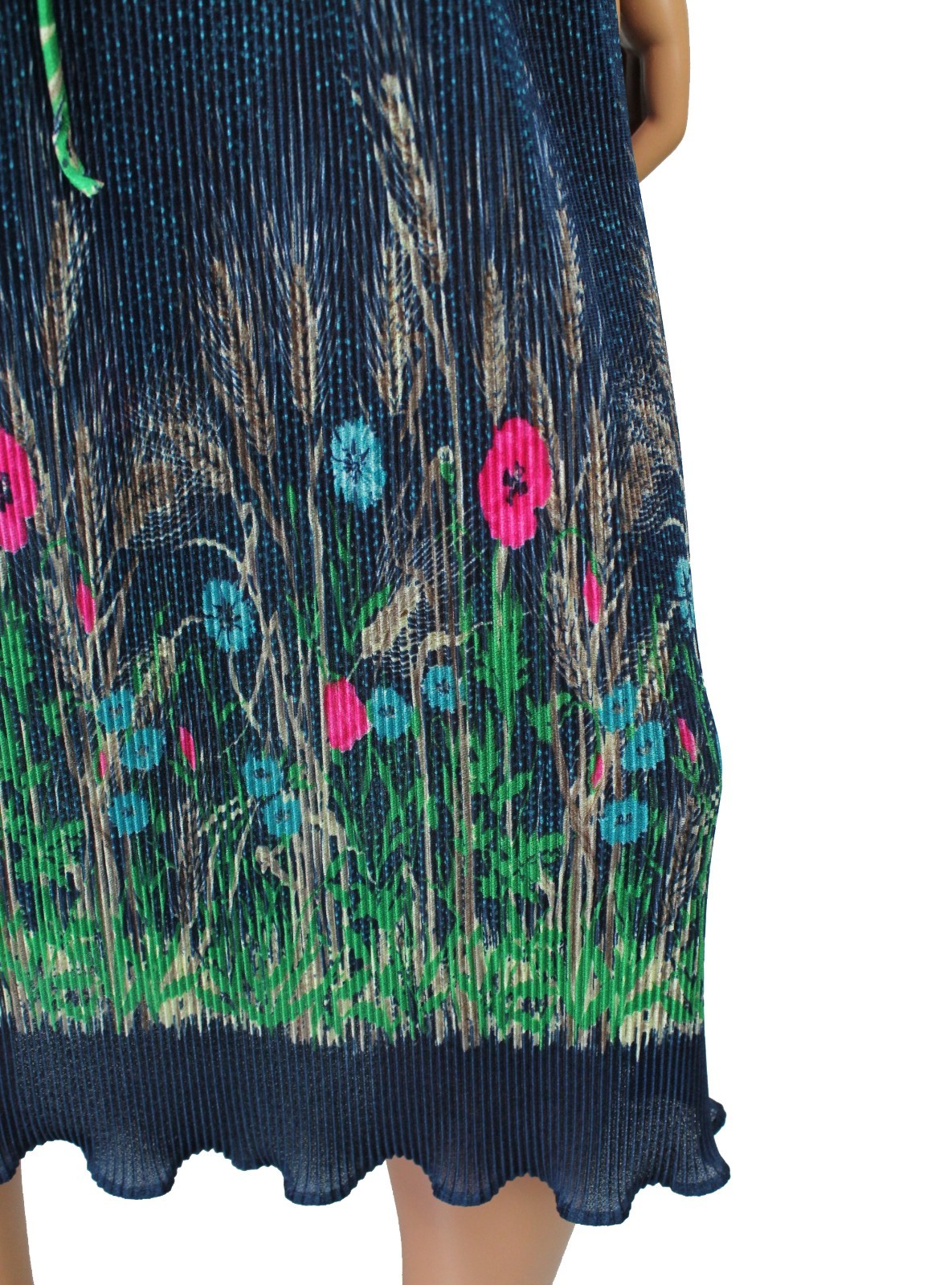 80s Secretary Dress Sz 16 L Vintage Semi Sheer Pleated Blue Pink Green Floral