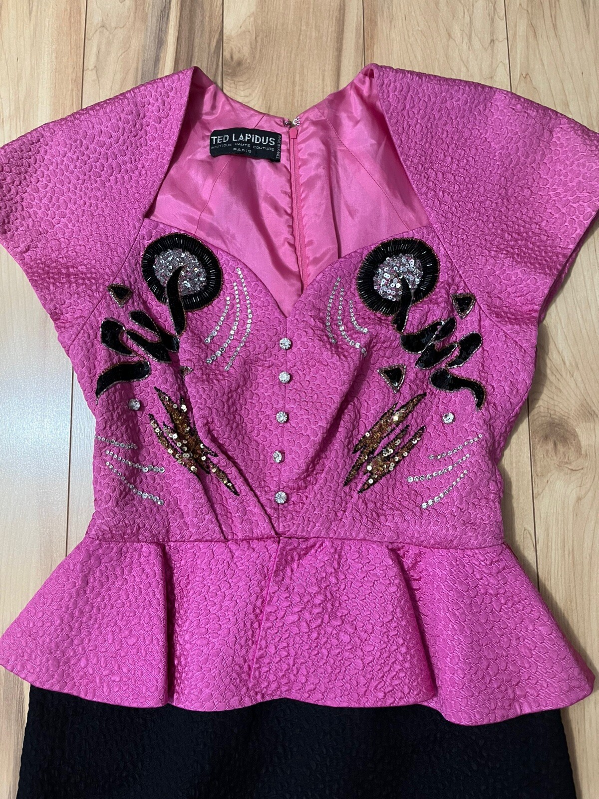 Vintage Ted Lapidus Couture Paris Hot Pink & Black Beaded Dress Peplum 4/6 Glam