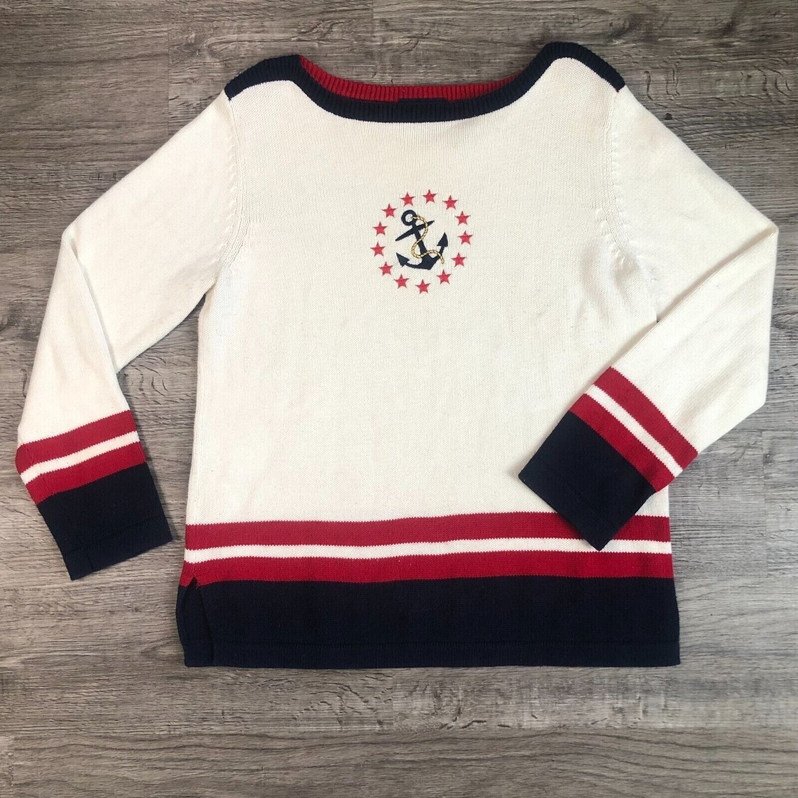 Vintage Crazy Horse Red White Blue Nautical Sailing Anchor Boat Neck Sweater Lrg