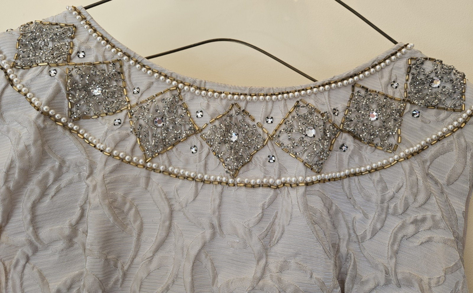 1960s Vintage Embossed Taupe Bodice top with rhinestone embellishments