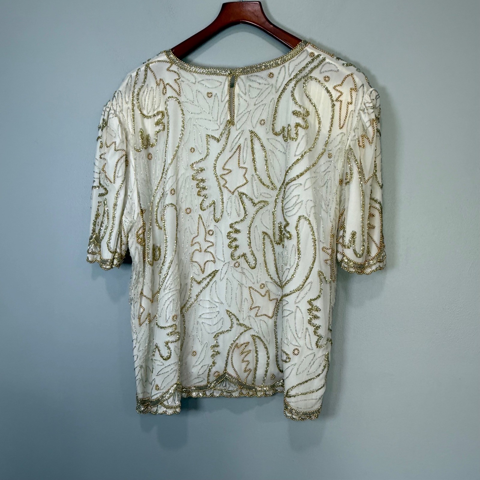 Laurence Kazar VTG Silk Beaded Sequin Blouse White Gold Silver 2X Evening Top