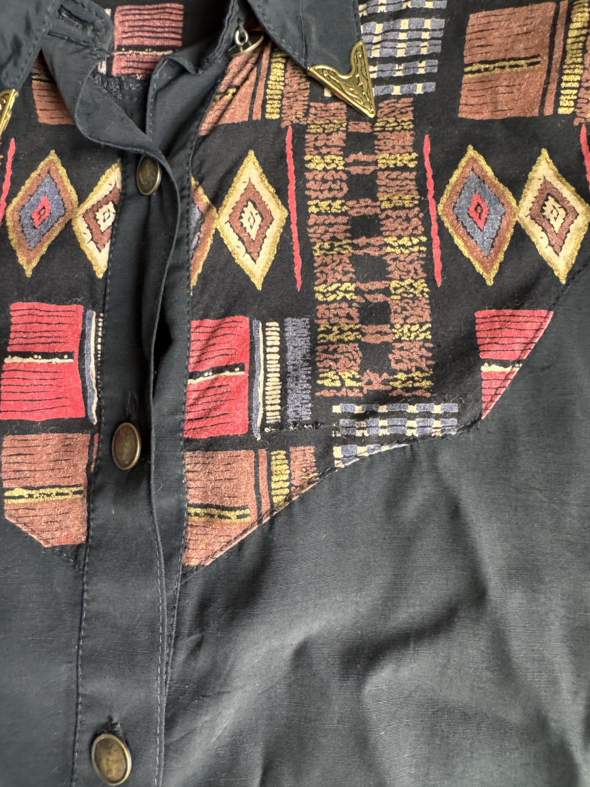 Vintage Desert West Sherry Holt Women’s Southwestern Rayon Shirt L Collar Tips