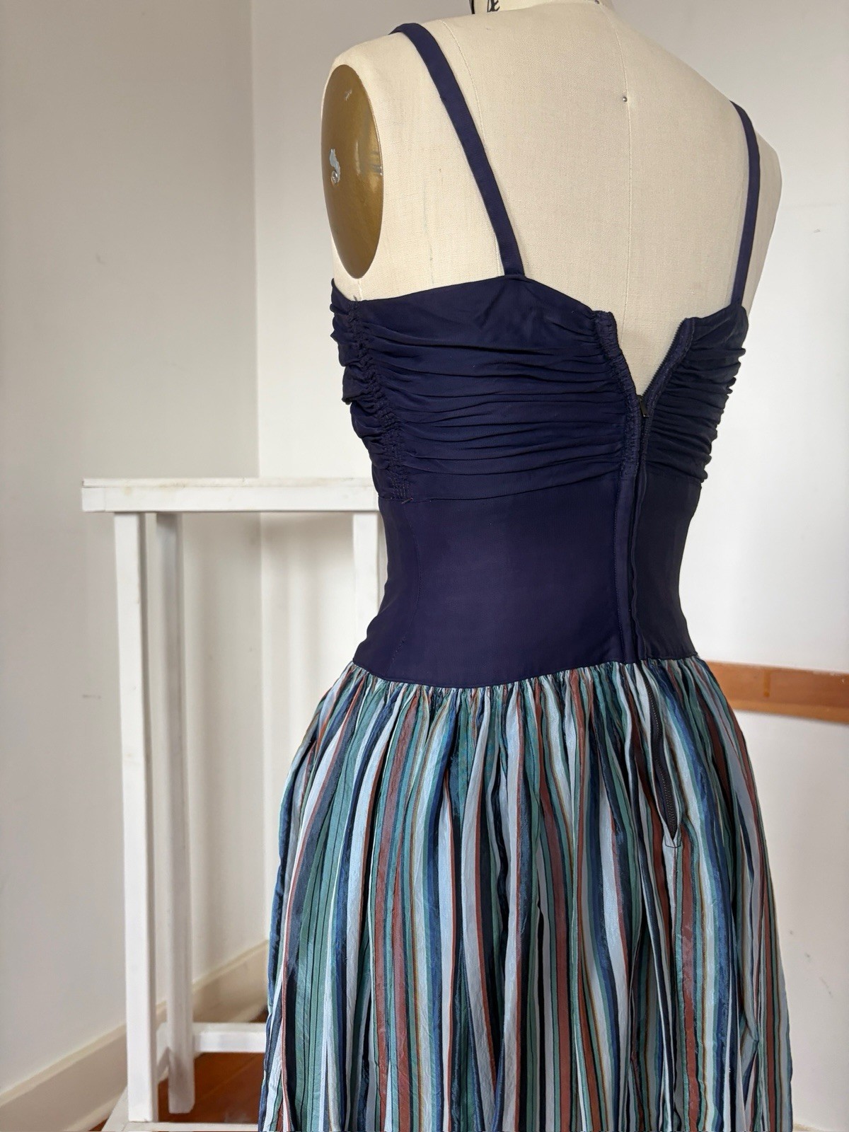 Vintage 40s Rayon Maxi Dress Ruched Bodice Colorful Striped Full Sweep Skirt XXS