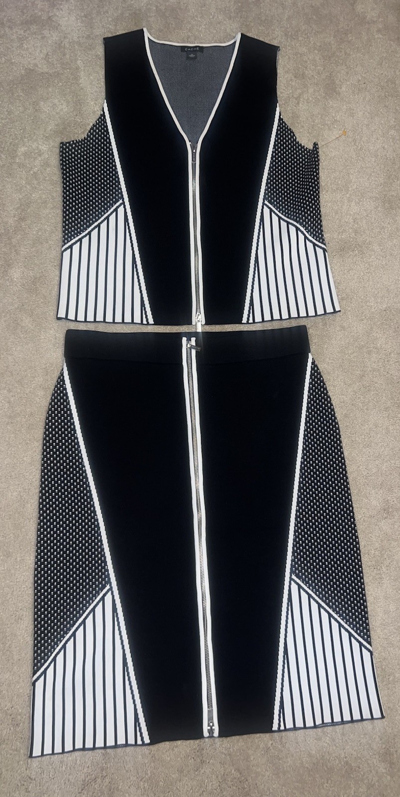 Cache Suit Black White Stripe Skirt & Top Zip Front Knit Medium Y2K NWOT