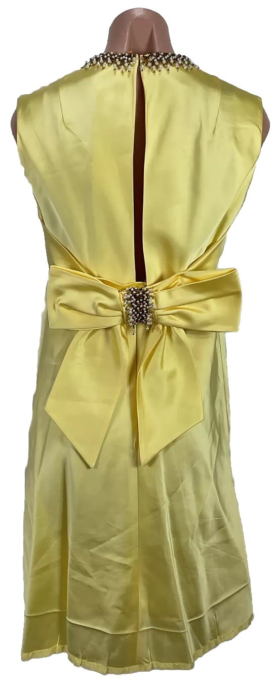 Vintage M Taffeta Yellow Gown With Glass Beads High Neck Fringe Bow Back 1960s