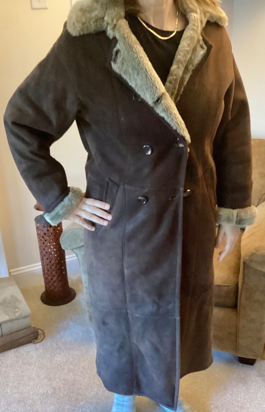 SEARLE Full Length Leather Outer Faux Fur Lined Ladies Coat, VINTAGE 1996 SIZE M