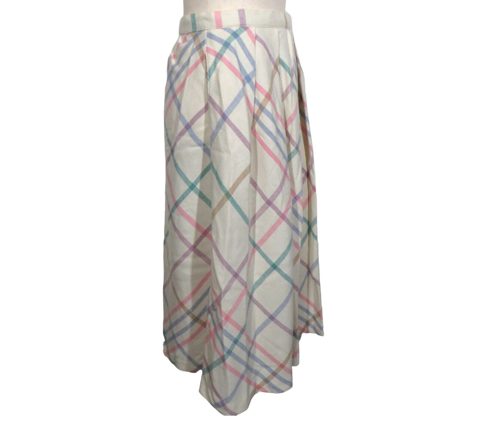 Vintage TOMBOY Poly Wool Blend Pastel Plaid Pleated Midi Skirt -Pockets- Size M