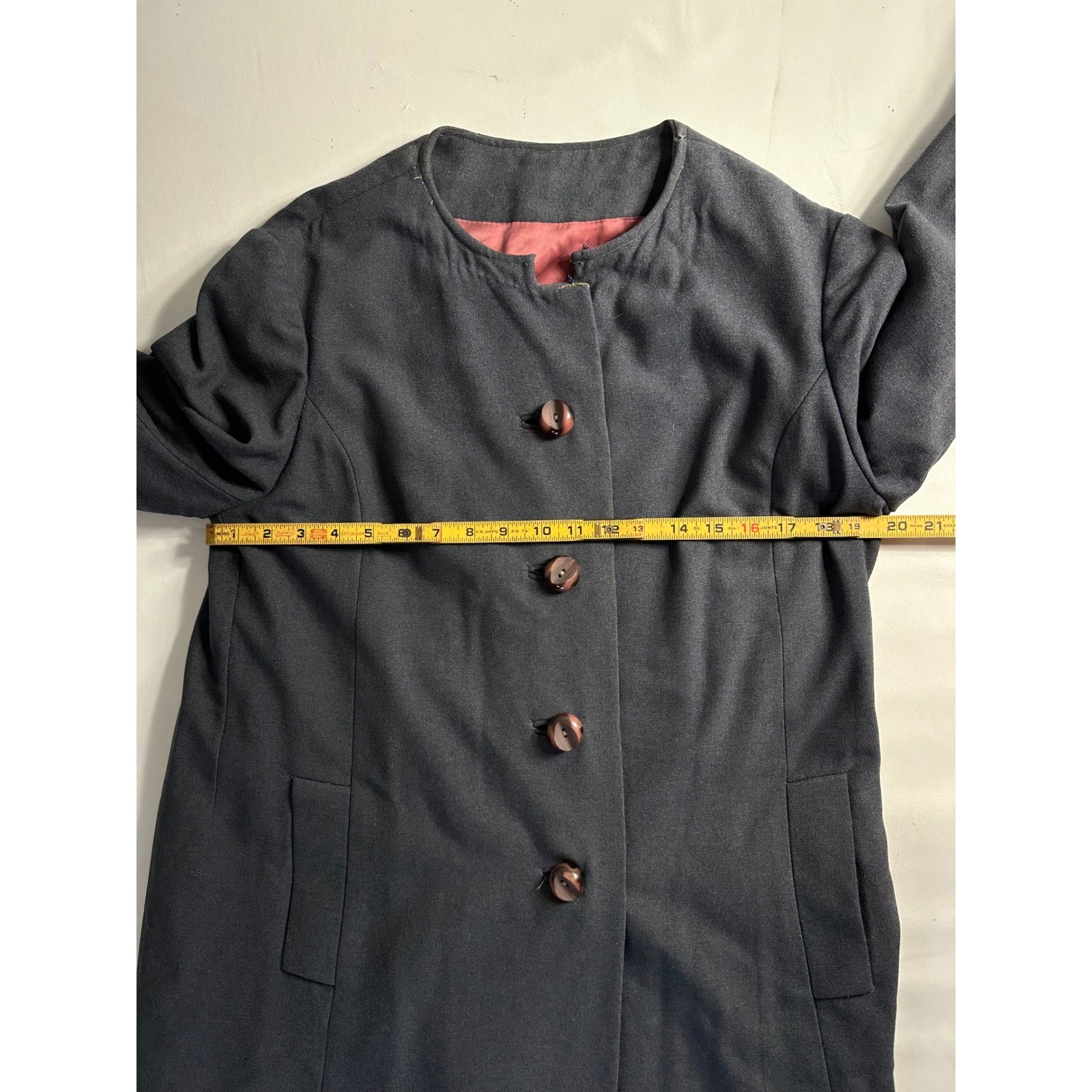 Vintage Shagmoor 60s Mod Charcoal Gray Wool Collarless Long Coat Pink Lining