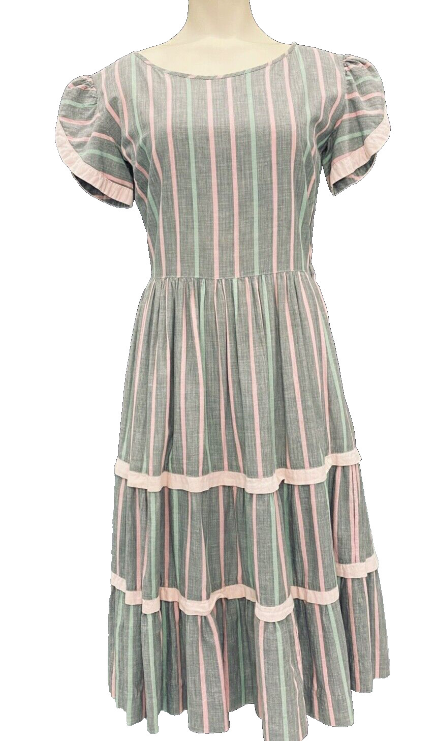 Vintage 1940s gray cotton dress, pink green stripe short puffed sleeves XS S