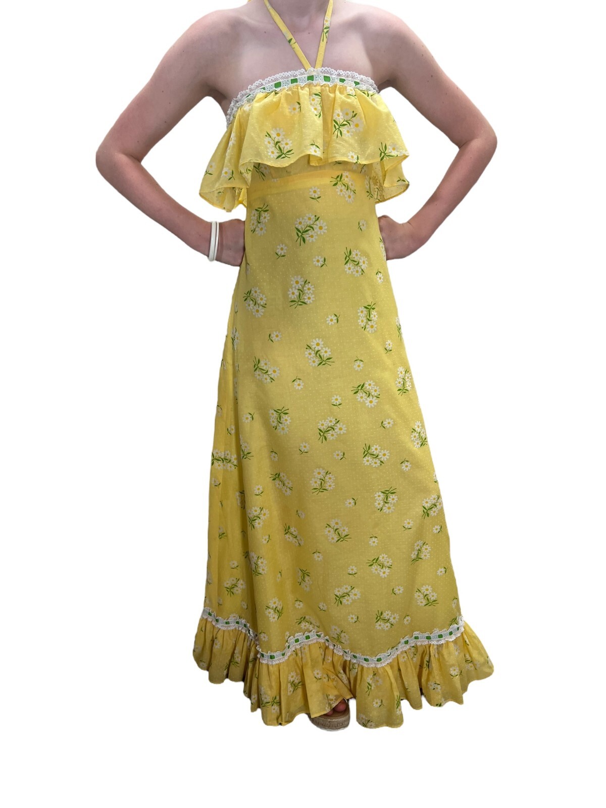 Sz XS Vtg 60s 70s Halter Maxi Dress Yellow Daisy Swiss Dot Festival Hippie Boho
