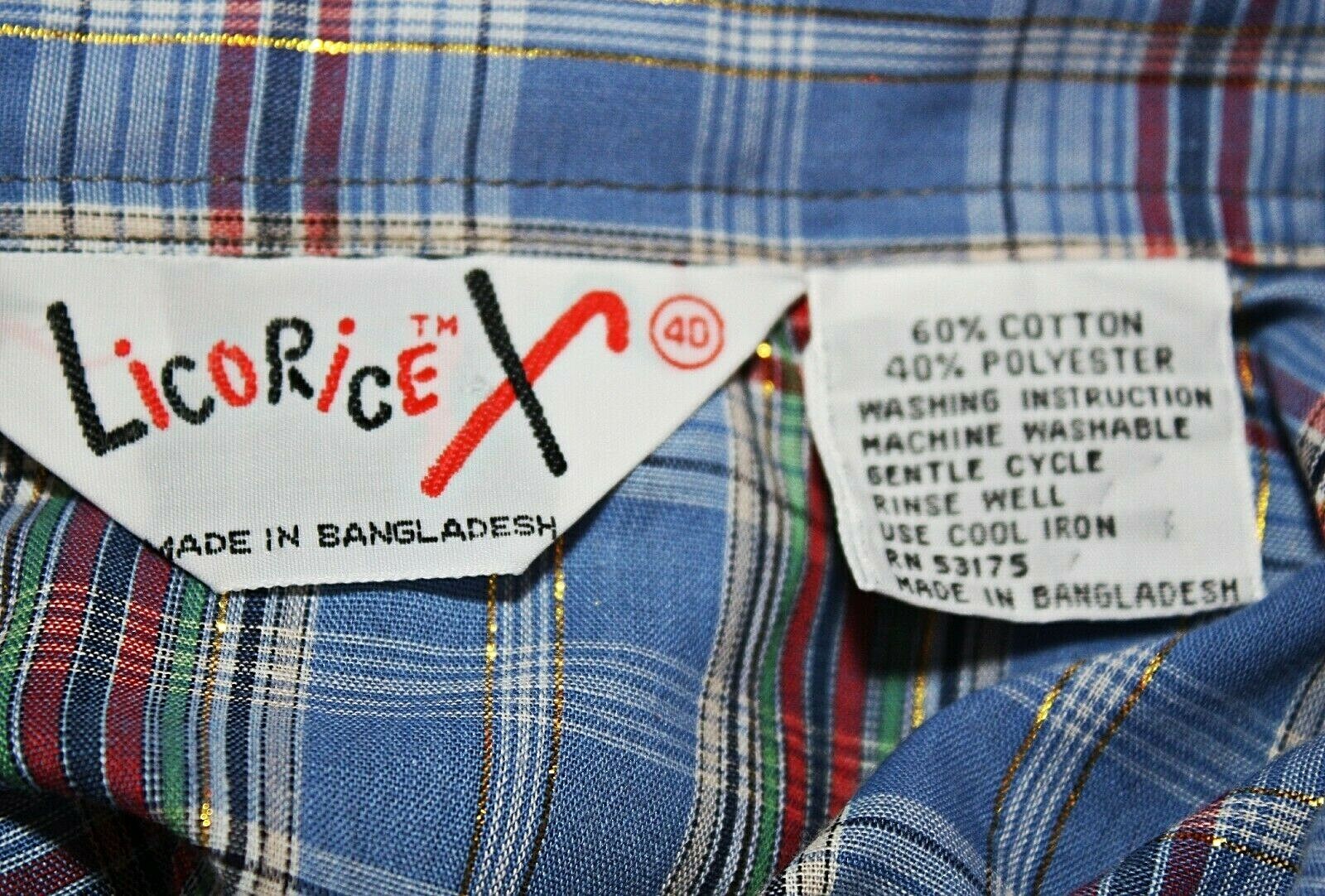 VTG LICORICE X Top Blouse Sz. 40 Long Sl. Blue White Red Gold Plaid Casual #02