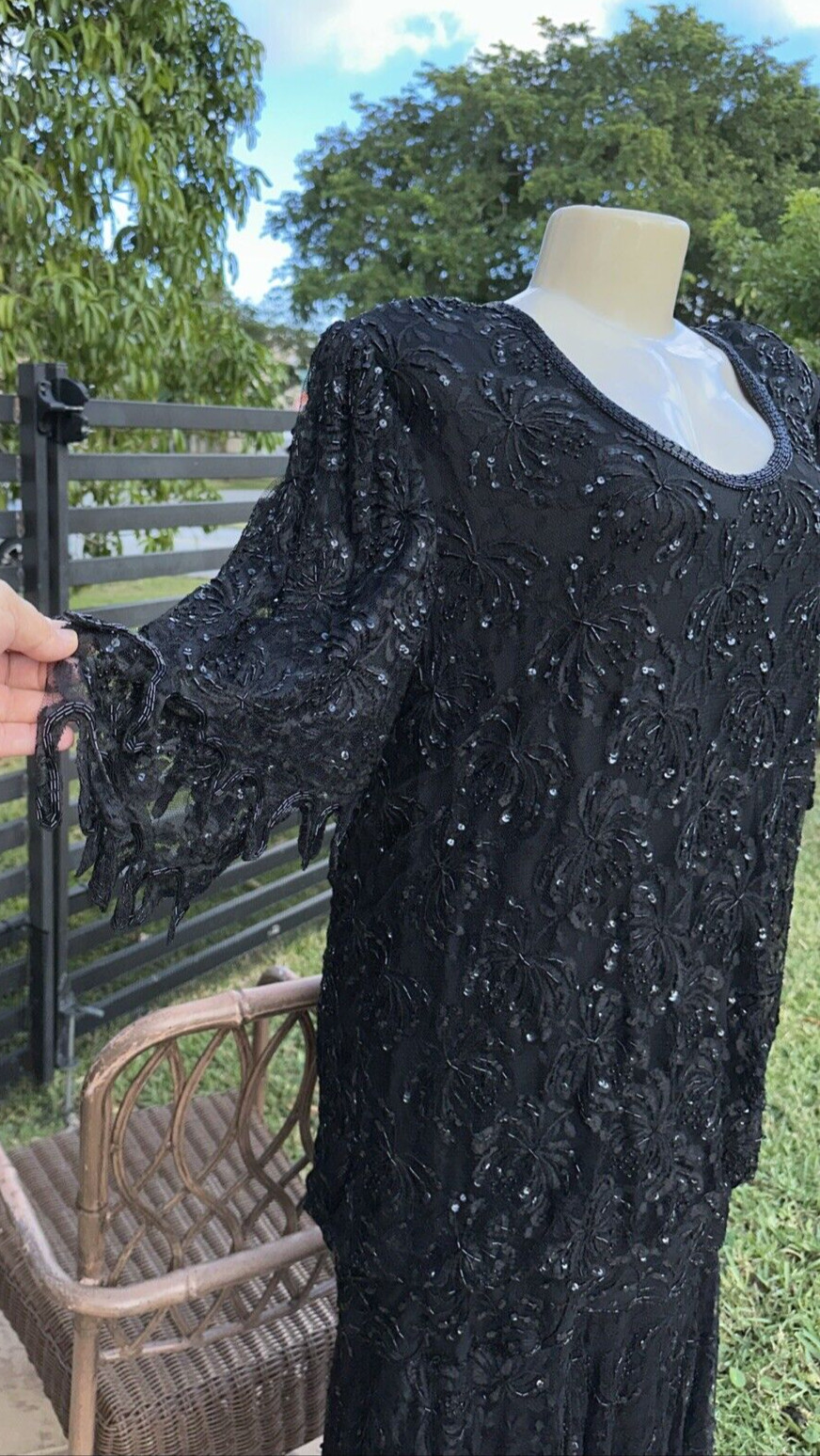 VTG JUDITH ANN CREATIONS BLACK SILK HEAVELY BEADED ASYMMETRIC HEM DRESS Sz XL