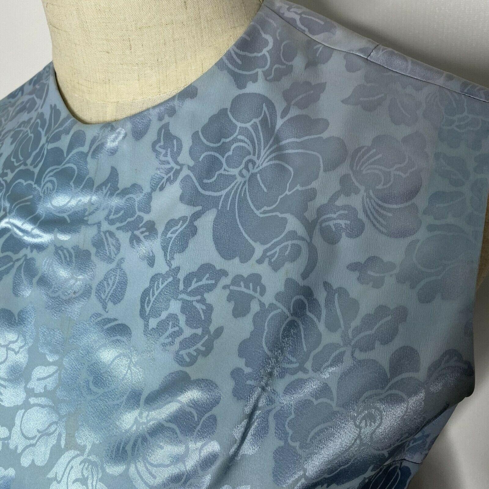 Vintage Hand Made A Line Pin Up Dress Womens XS Blue Satin Floral Mod 70’s