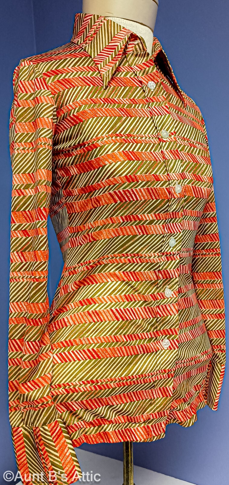 Vintage 70’s Ladies RT Burnt Orange/Olive Green Stripe Polyester LS Blouse XXS