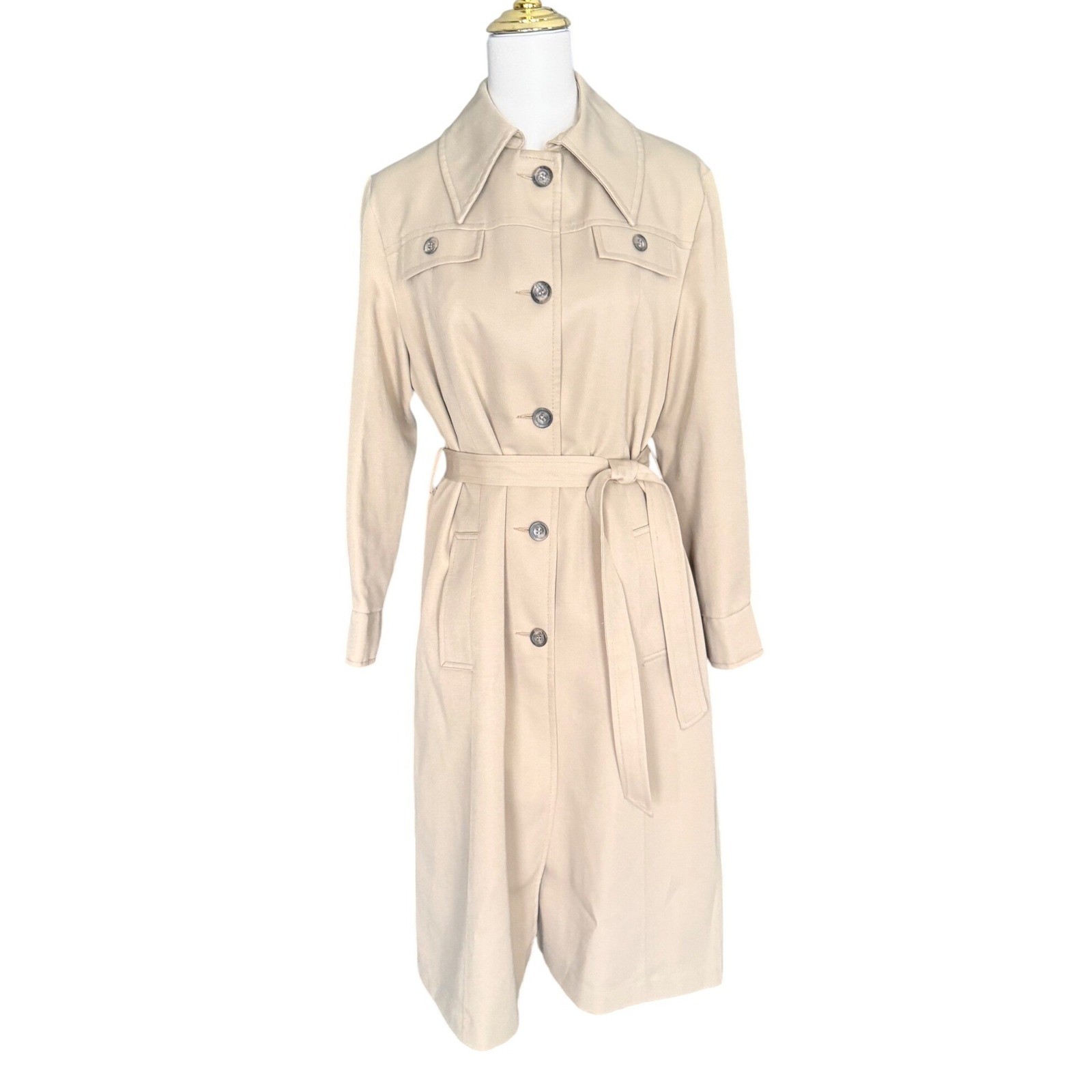 Vintage 70s Style Tan Beige Longline Belted Trench Coat Duster Jacket Womens