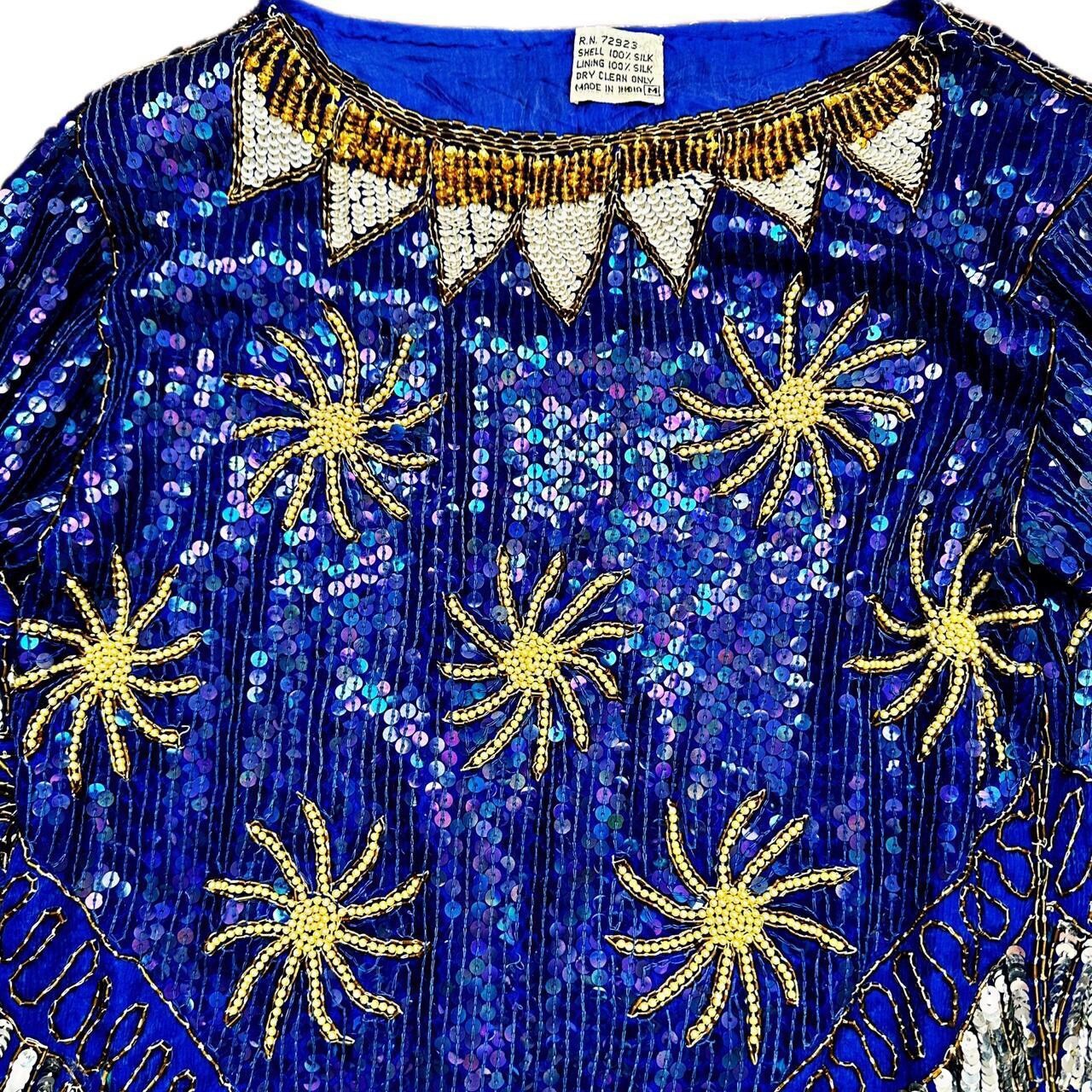 Stunning Vintage SILK INDIA Full Sequin Sapphire Blue Beaded Cocktail Dress M