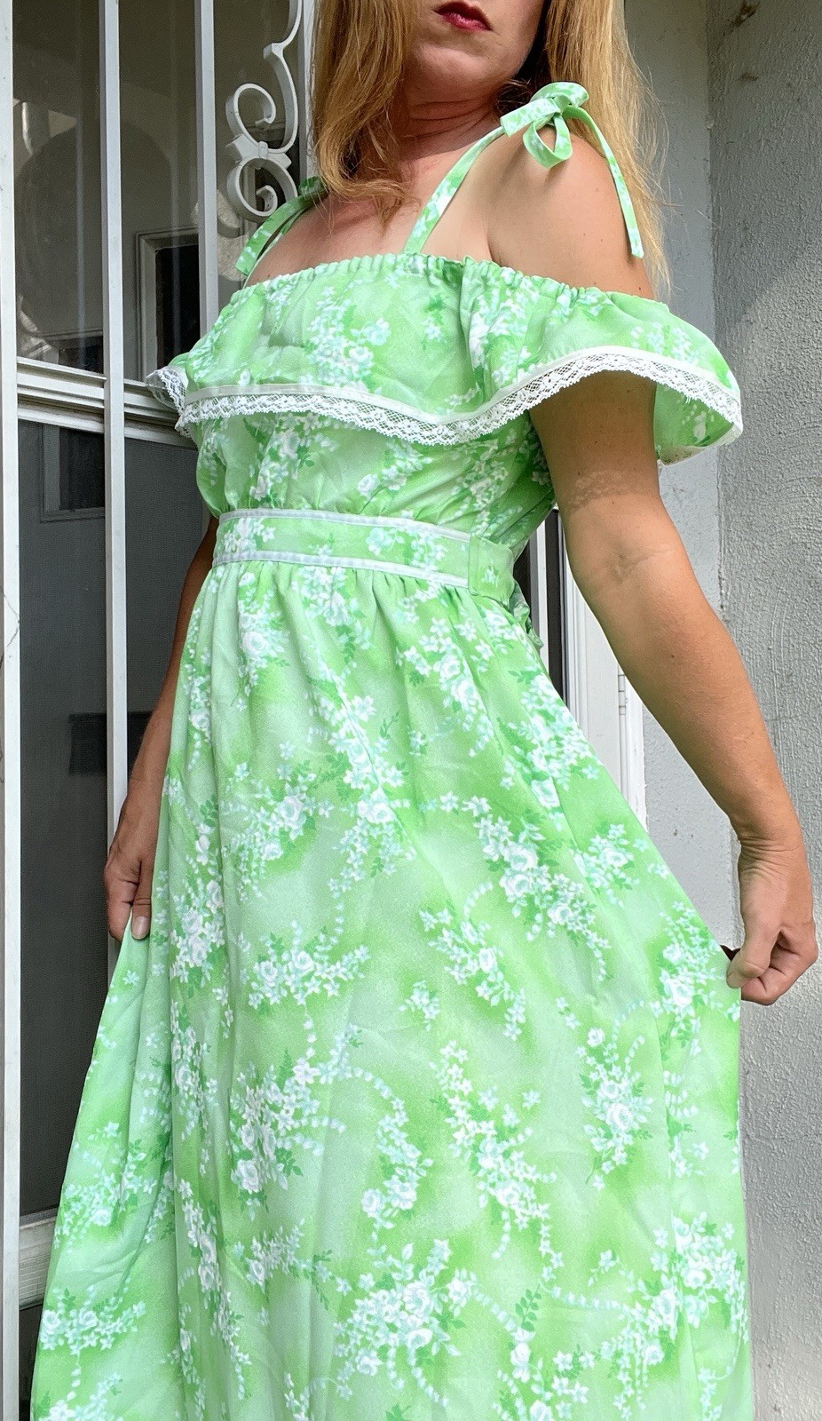 Vintage 1960s Lime Green Floral Ruffled Off Shoulder Boho Hippie Maxi Dress Sz M