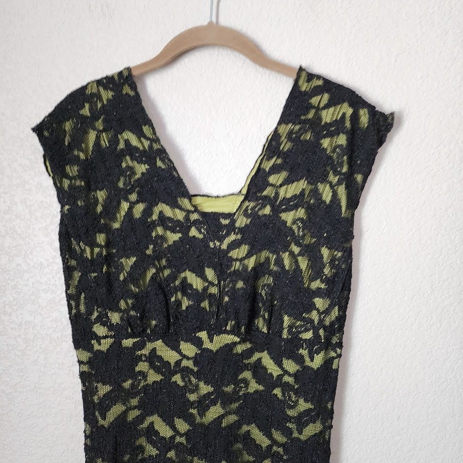 Vintage Black Citron Green Lace Floral Midi Dress Whimsygoth Prairie Cottagecore