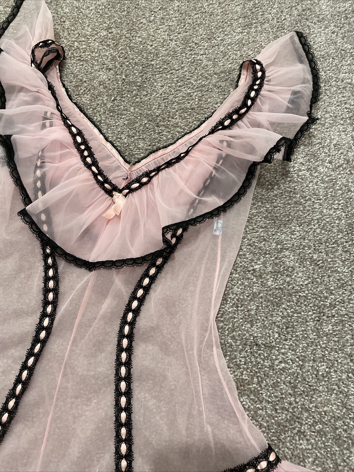 Vintage 1950s Glydons Chiffon Skirted Slip Teddy Pink Black Small Ruffle Pin Up