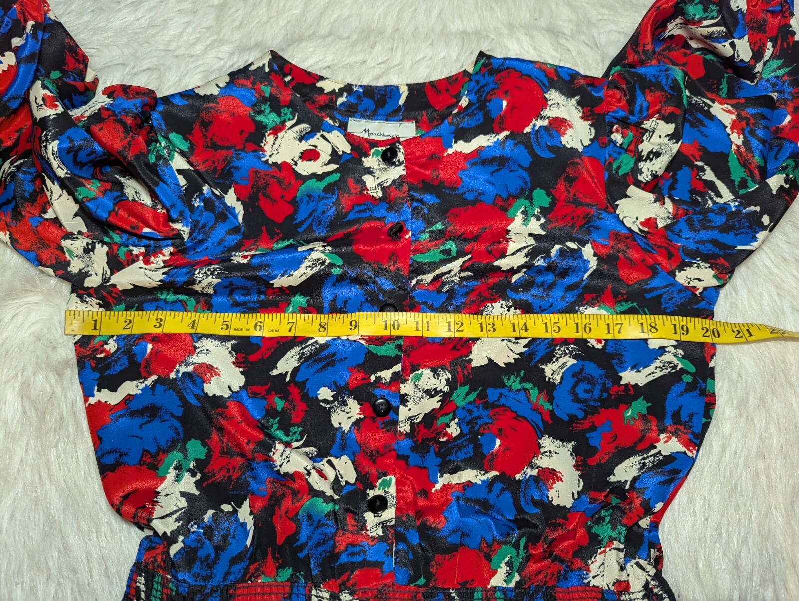 VTG MARCHIONDA OF CALIFORNIA Red White Blue Green SHIFT Dress PUFF Sleeve Sz 10