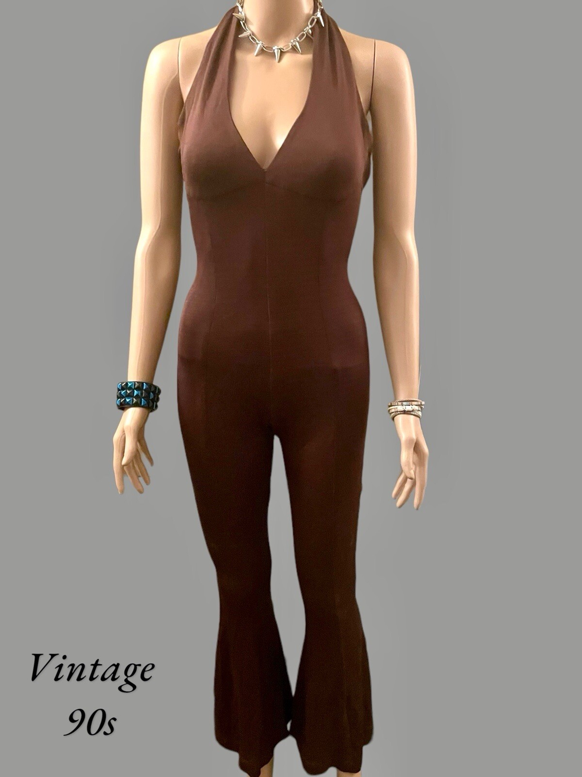 Scanlan Theodore Jumpsuit Vintage 90s Crepe Knit Halter Neck Flared Brown Size S