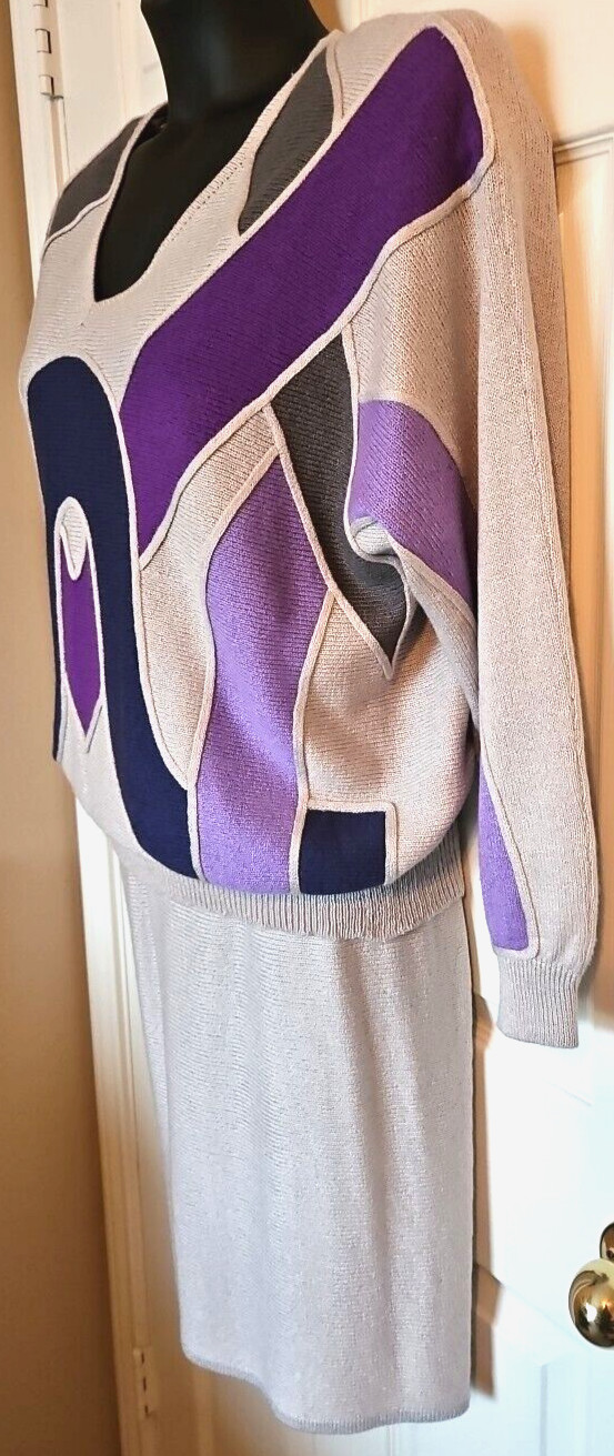 VTG Tomatis De Renee Lombardi Lrg Gray Purple Color Block Knit Sweater Skirt Set