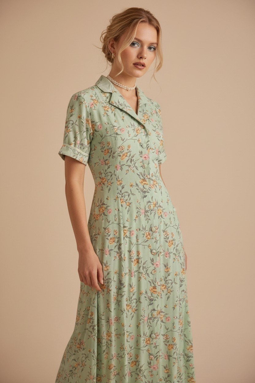 Vintage 80s Ed Michaels Rayon Tea Dress Mint Green Floral Cottagecore Midi M/L