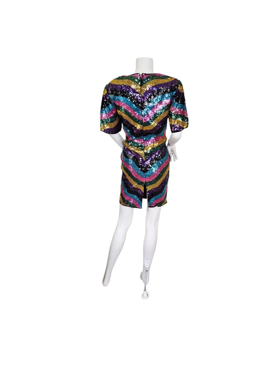 1980s Rainbow Stripe Silk Beaded Sequin Dress I Sz Med Imperial Handicrafts