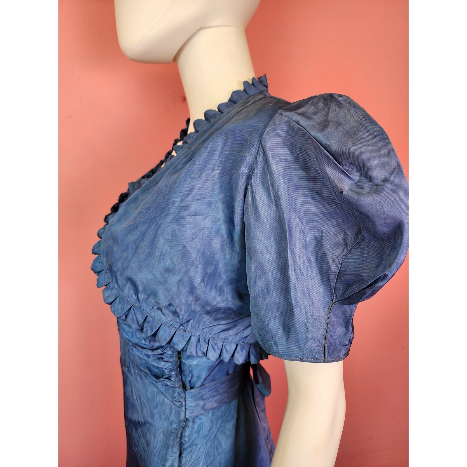 Antique 1930’s Moiré Satin Gown and Bolero Cornflower Blue Burgundy Velvet Bows