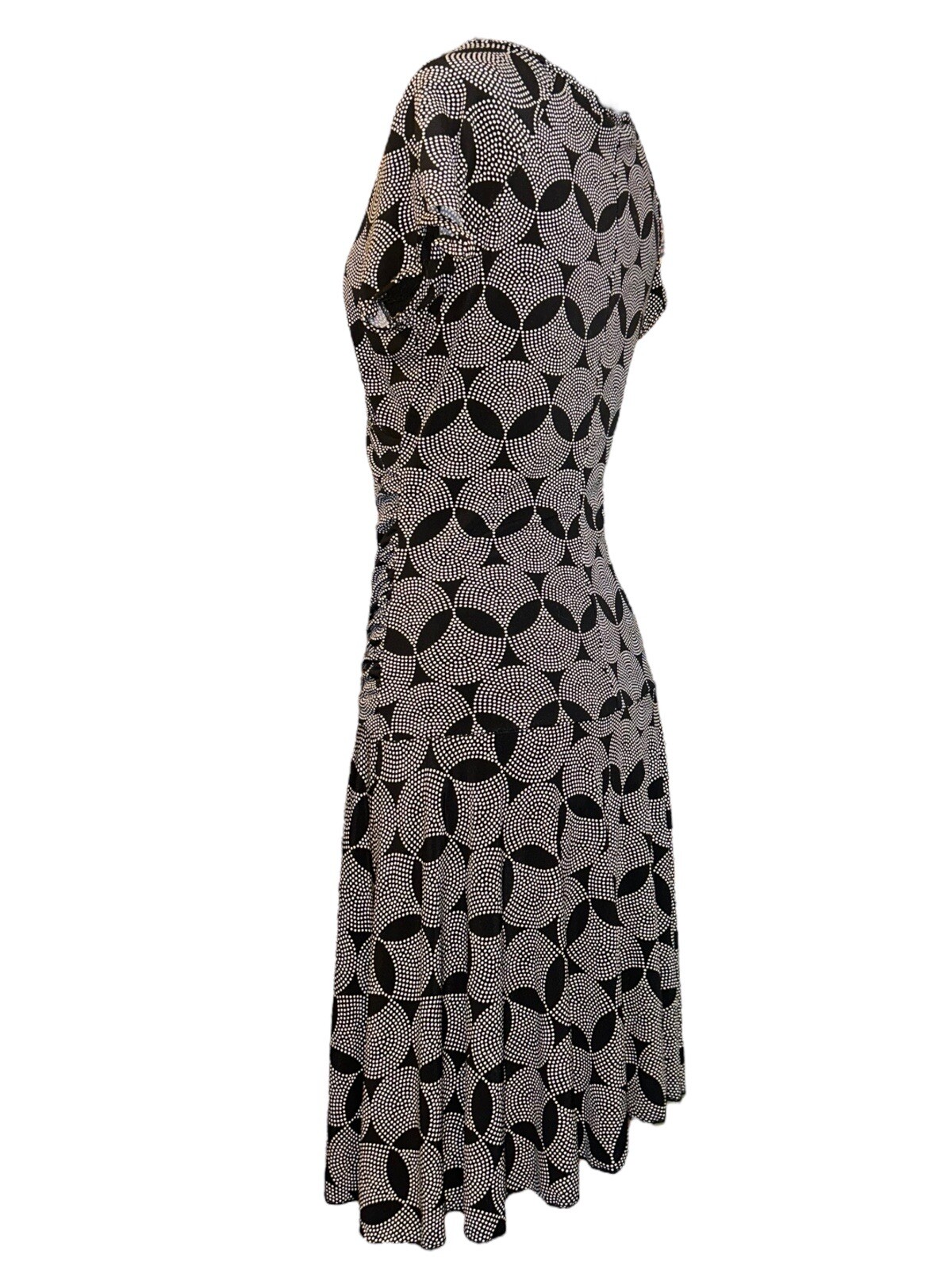 BCX V-Neck Cap Sleeve Ruching Bl/Wh Geo Print Short Faux Wrap Dress Women L VTG