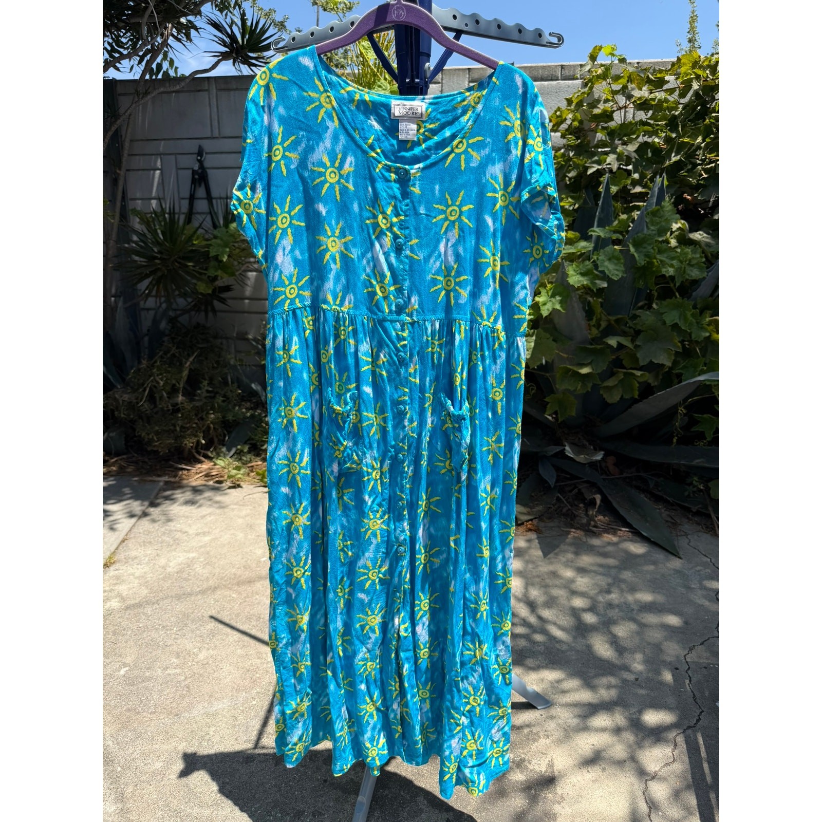 Vintage 90s House Dress Medium Blue Yellow Sunburts Jennifer Moore