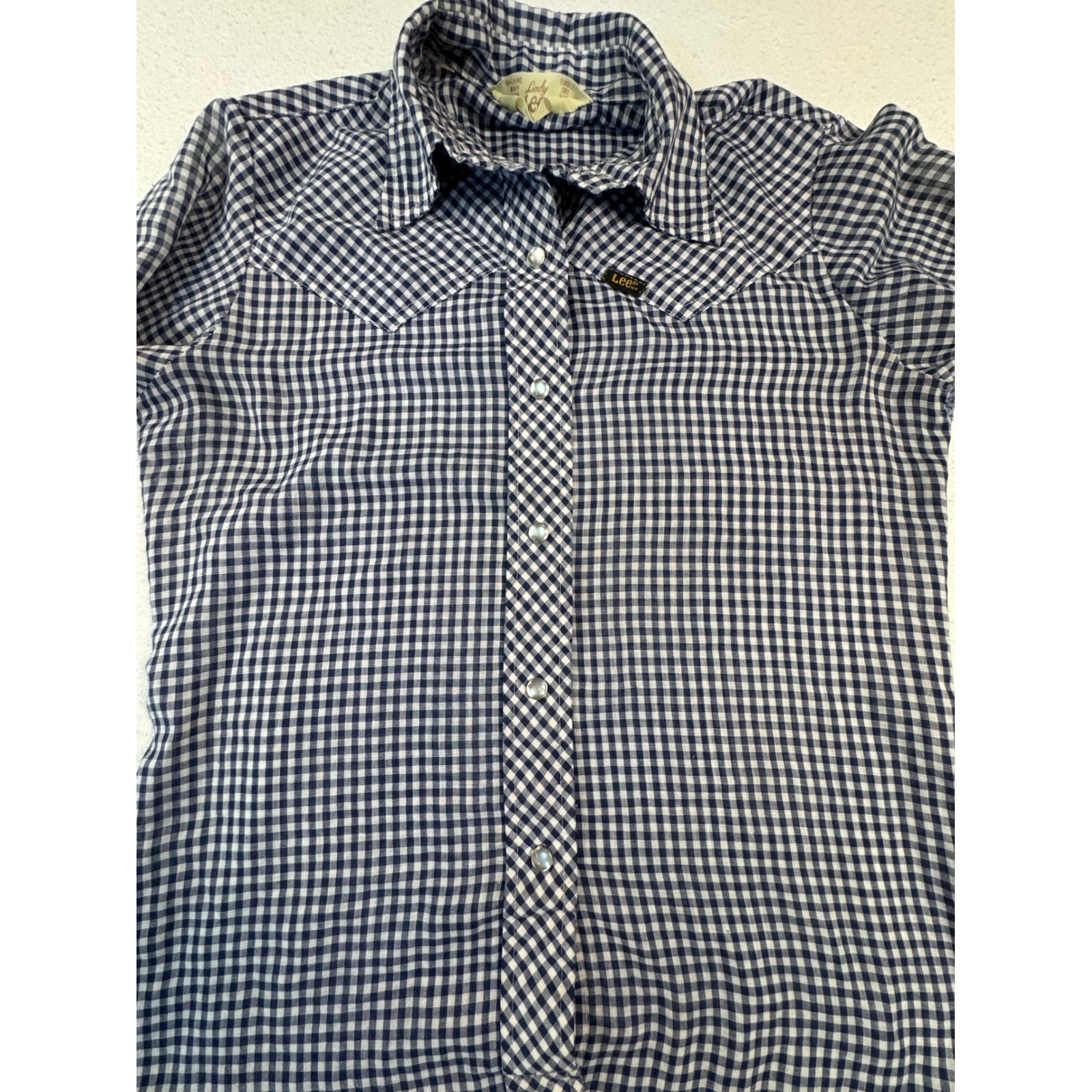 Lee Western Shirt Womens 9/10 Blue Gingham Pearl Snap Vintage Lady Lee USA Fair