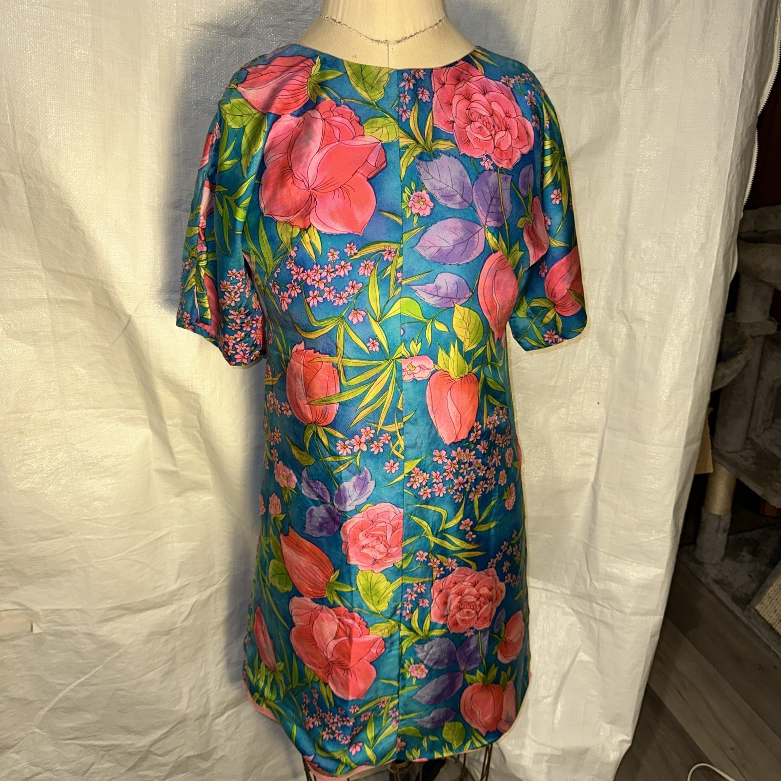 60s Vintage Silk Floral Shift Dress Unmarked Lined