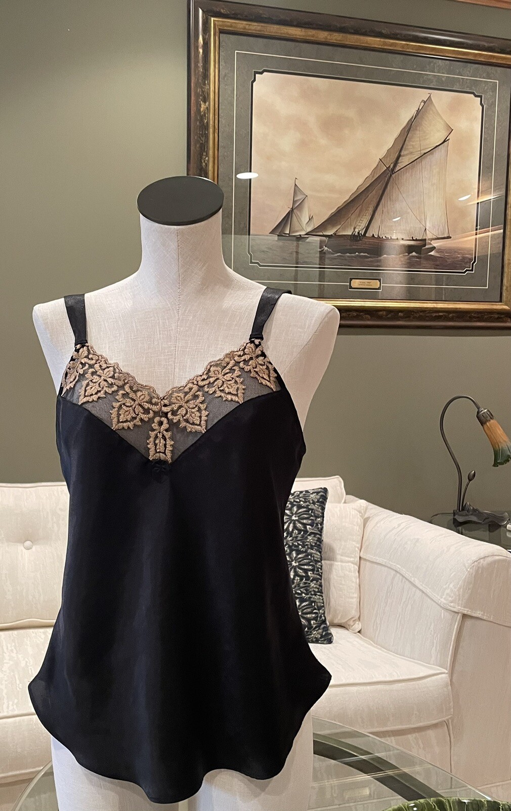 SECRET TREASURES VINTAGE BLACK CAMISOLE SHINY SILKY SOFT w/ TAN EMBROIDERY SZ M