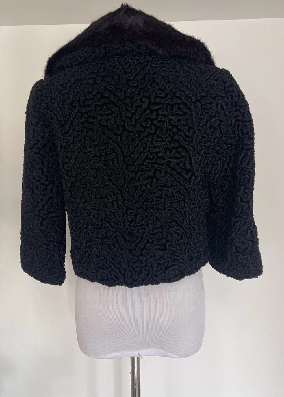 Vintage Black Persian Lamb Curly Wool Short Jacket Fur Collar 3/4 Sleeves
