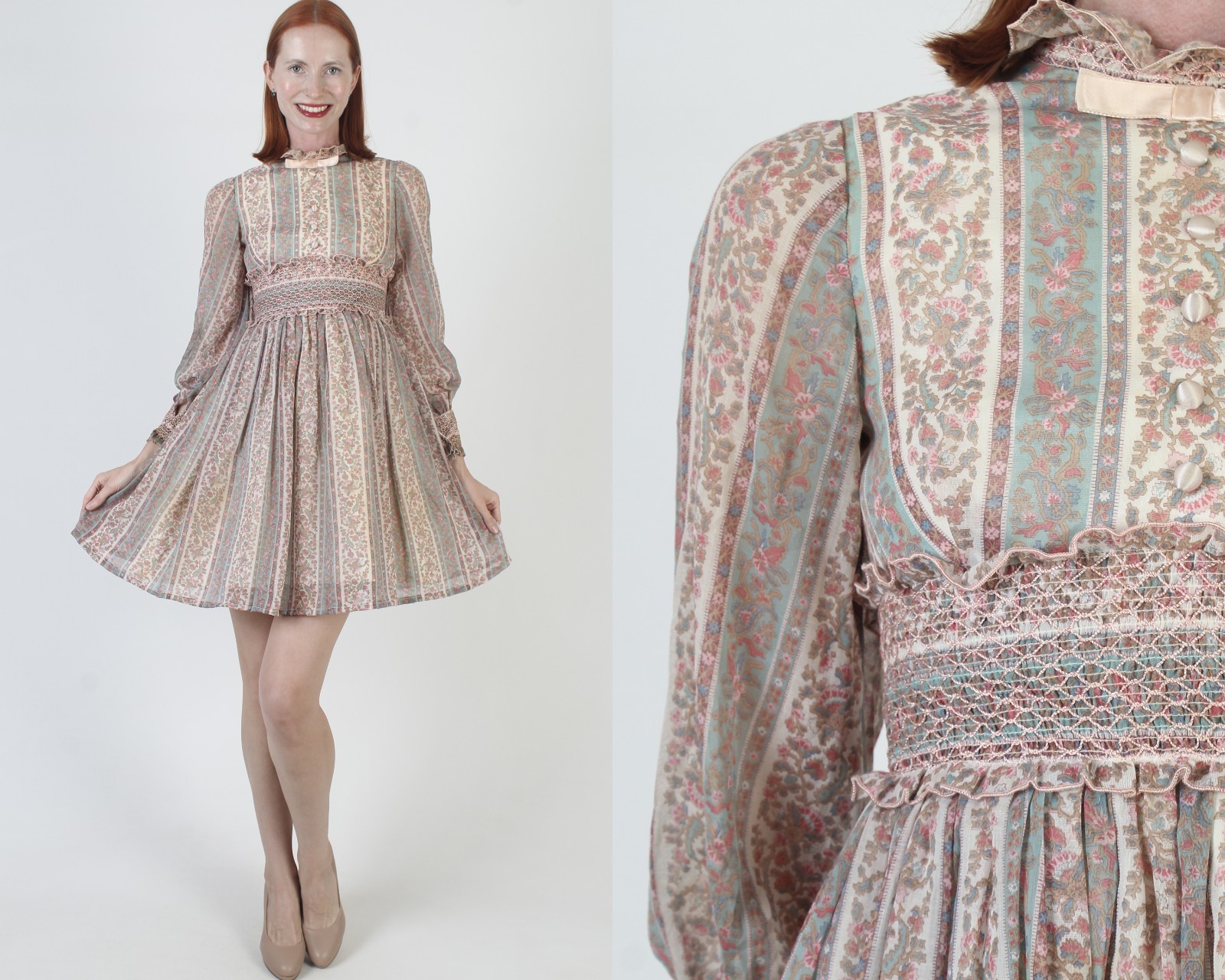 Vtg 60s Pastel Scooter Dress Smocked High Waist Mod Babydoll Tuxedo Micro Mini