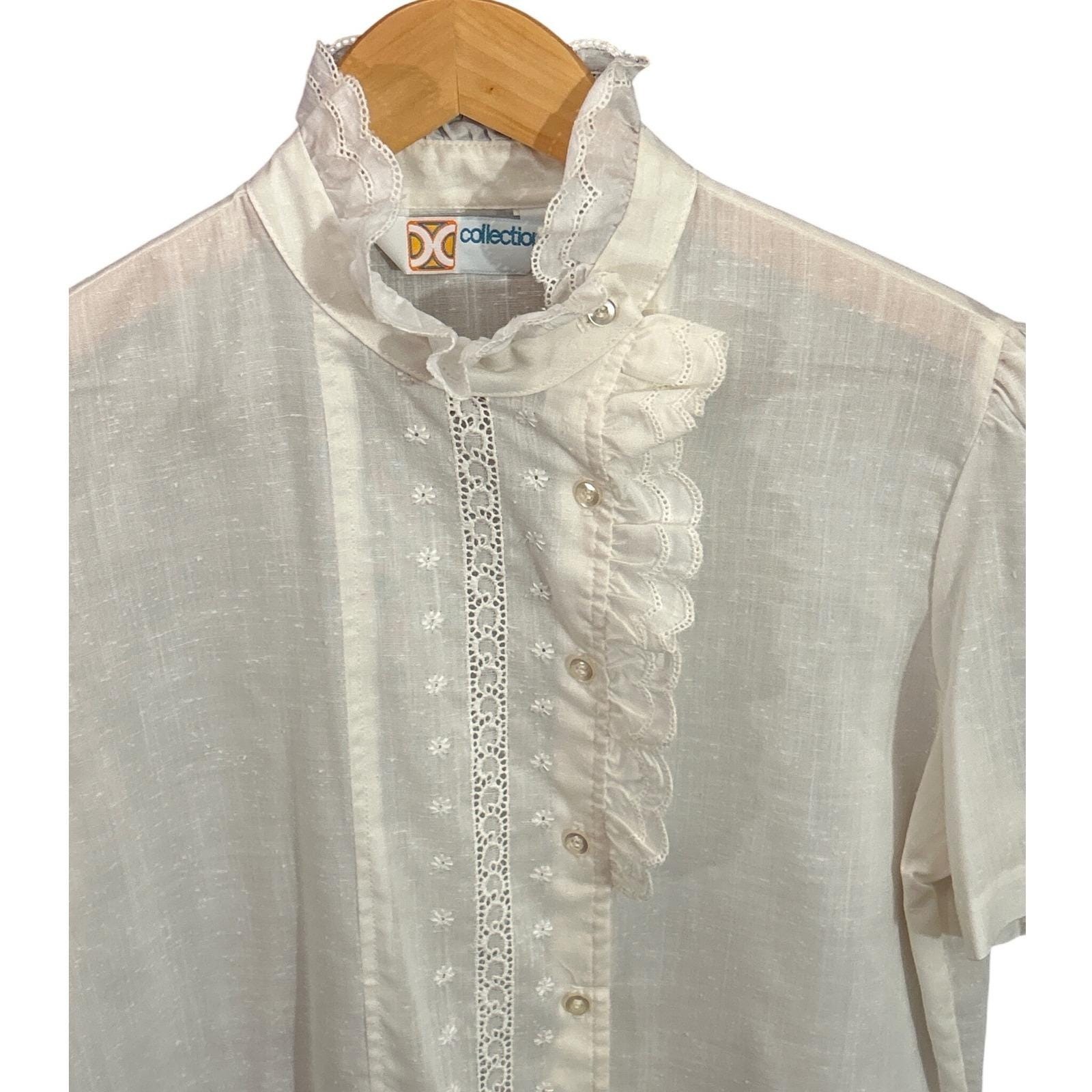 Vintage DC Collections Blouse Cottagecore Victorian Ruffle Lace Eyelet White Top