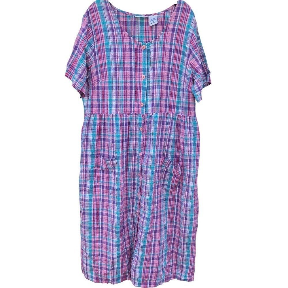 Vintage Button Front Midi Shirt Dress Large Plaid Pocket Cotton Seersucker Patio